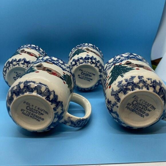 Set of 4 Tienshan Folk Craft Cabin In The Snow Holiday Christmas Blue Mugs Cups - Picture 4 of 5